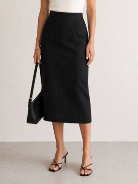 Parisian Black Linen Skirt Size 10 Minimalist Classic Straight Midi Skirt